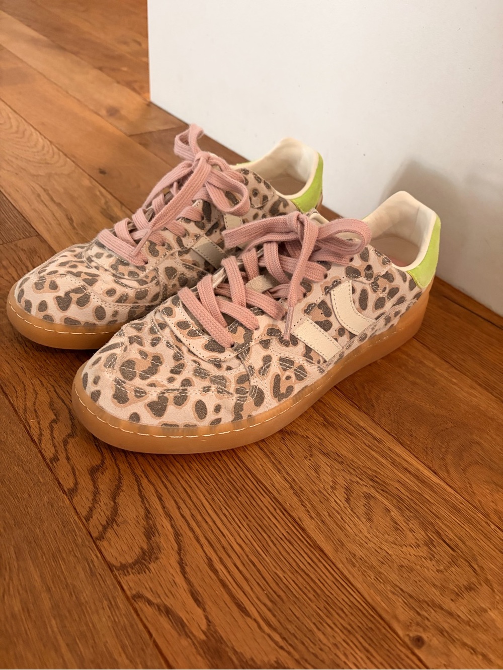 Coolway Pink Leopard Print Sneakers with Gum Sole and Lime Heel